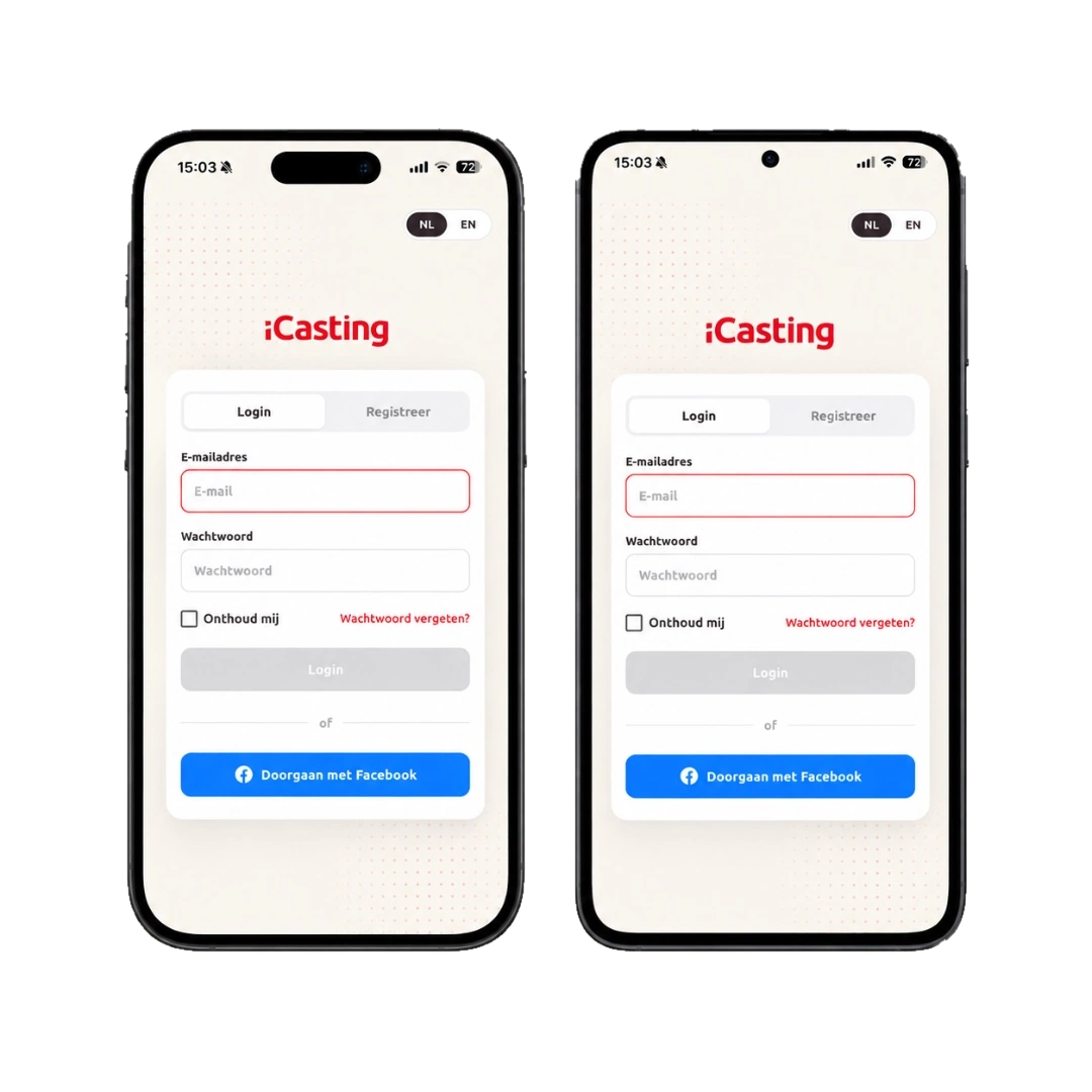 Het iCasting-inlogscherm op een iPhone en een Android-telefoon
